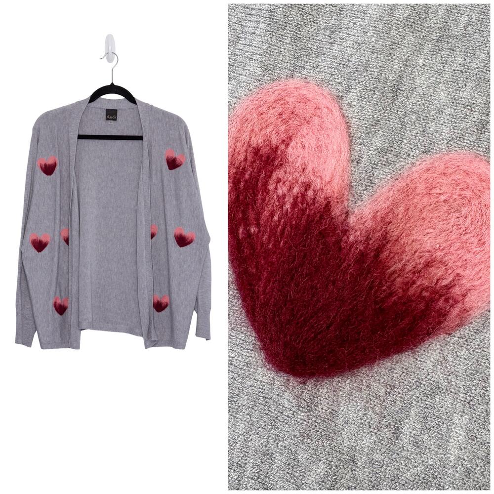 Aaeda Heart Cardigan Women L Gray Pink Open Front Lightweight Dopamine Felted